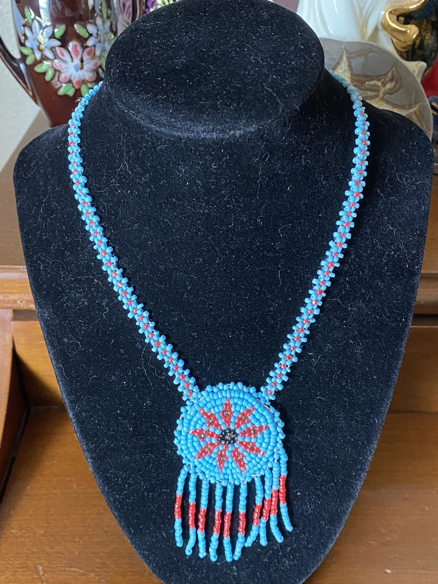 Native American style handmade Seed Bead medallion tassel necklace 24