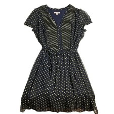 Catherine's Women Dress M (14) Navy Polka Dot Fit & Flare Chiffon Button Lined
