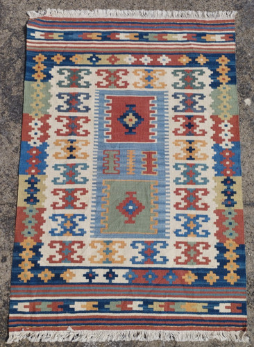 Vintage Traditional Oriental Turkish Multicolor Wool Kilim Rug Carpet 90x62 cm