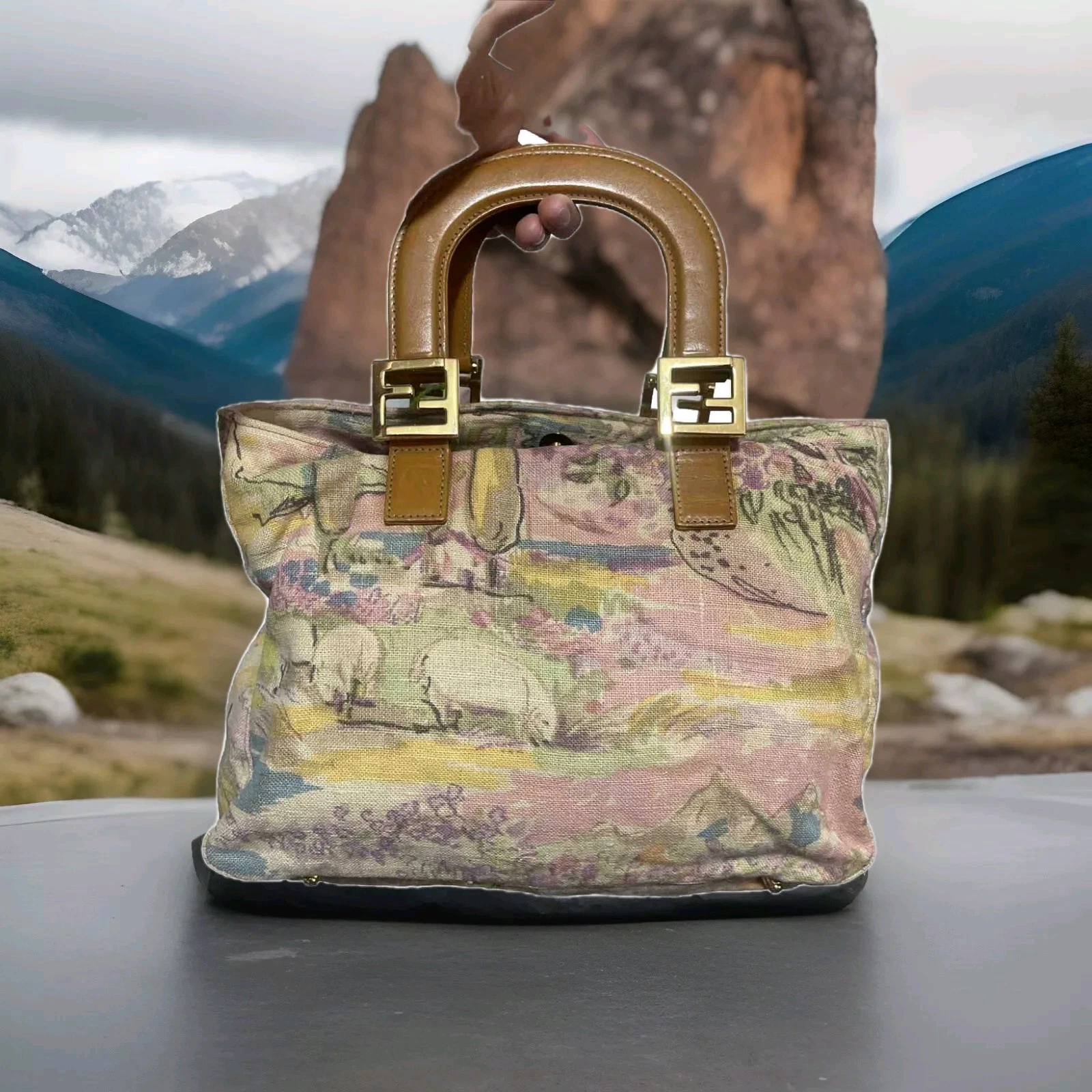 Fendi Pastel Watercolor Top Handle Bag Authentic Sheep Tuscany Cottagecore Purse