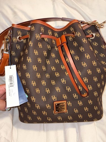 Dooney & Bourke Signature Logo Drawstring Bucket Bag Medium Brown/Tan Strap