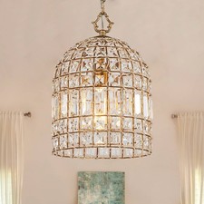 Luxury Antique Gold Crystal Pendant Light Bird Cage Shape Hinging Light Fixture