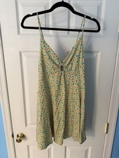 Urban Outfitters S Beige/Green Floral V-Neck Sleeveless Mini Sundress Rayon