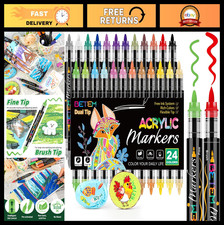 24 Colors Dual Tip Acrylic Paint Markers - Fine & Brush Tip for DIY Crafts, Art