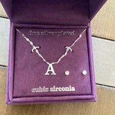 Silver plated Cubic Zirconia  A  Necklace Stud Earring Gift Set Christmas Presen