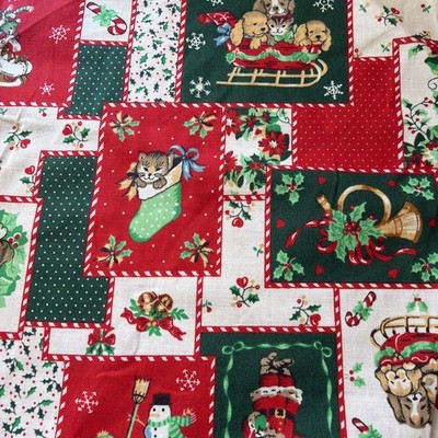Vintage 4 Yds Wamsutta Hallmark Cards Christmas Patchwork Cotton Puppies, Kitty