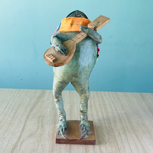 Real Frog Playing Guitar Vintage Mexican Folk  Art Anthropomorphic Taxidermy 8+"