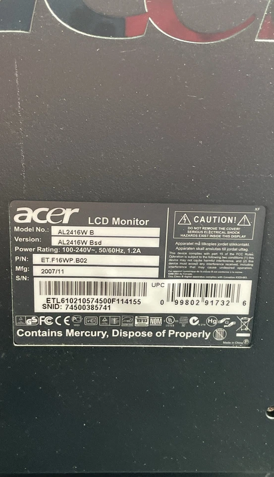 Acer AL2416W 24" Widescreen LCD Monitor Computer Display Screen Unit - Image 4 of 4