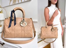 Christian Dior Cannage Granville Beige Leather Shoulder Bag Handbag Purse B0818