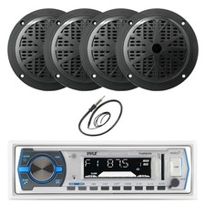 Pyle Bluetooth Marine Receiver, 4x 6.5'' 120W Black Speakers, Antenna