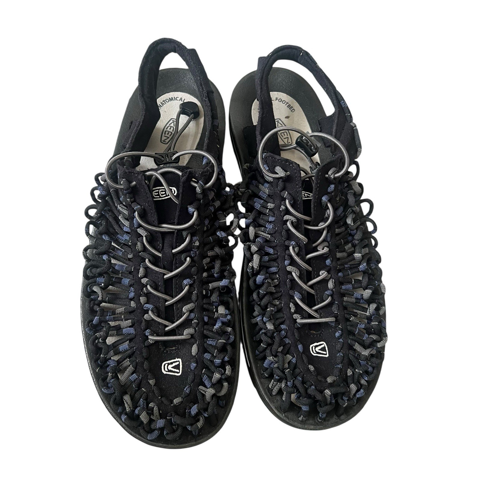 Sandali KEEN uomo taglia 12 Uneek rotondi in corda intrecciata nero blu escursionismo