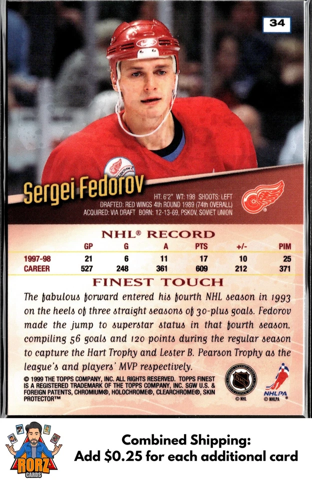 1998-99 Topps Finest #34 Sergei Fedorov Detroit Red Wings - Image 2 of 2