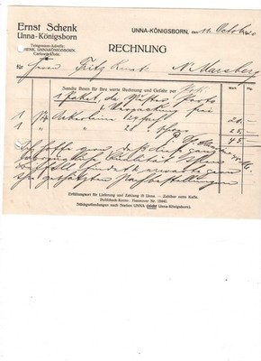 AJ1-Alte Rechnung Ernst Schenk Unna-Königsborn 1920
