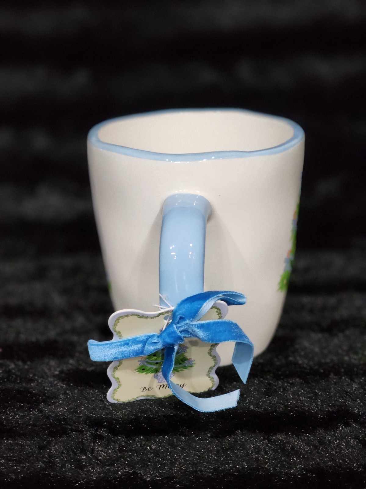 Blue & White Christmas Tree Coffee Mug Cup 4" Ceramic Chinoiserie Bows Haig TT