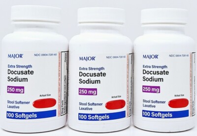 Major Docusate Sodium 250 mg Softgels Stool Softener 100ct -3 Pack -Exp 02-2028