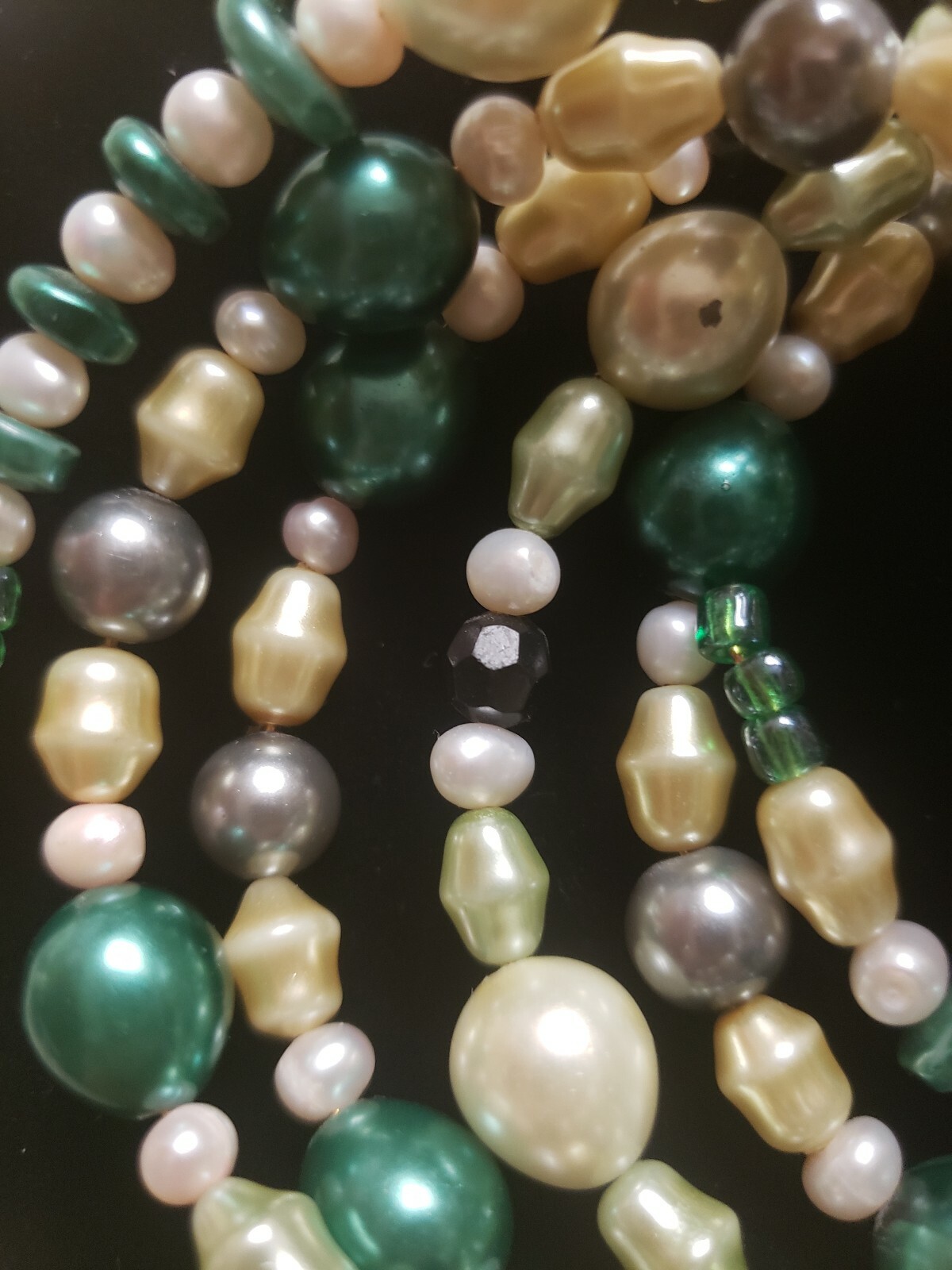 Handmade Czech glass bead bracelet on wire in green and cream, 5 rows, new $21.95-image