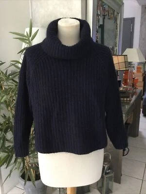 Pull col roulé ZARA taille L laine/mohair bleu marine tres bon état - Photo 1/4
