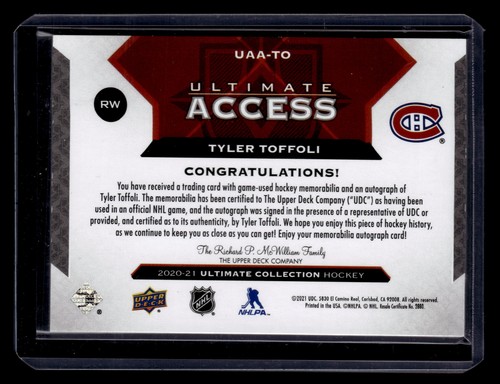 2021-22 UD Ultimate Access #UAA-TO Tyler Toffoli Jersey Autographs 18/135 - Picture 2 of 2