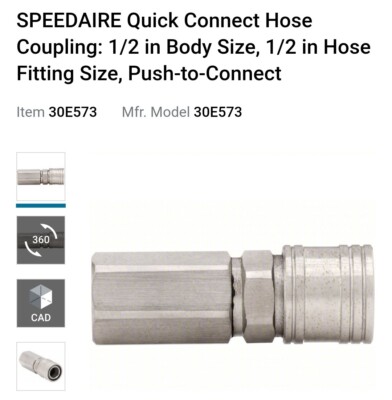 Speedaire 30E572 Coupler Body,(F)Npt,1/2,304 Ss