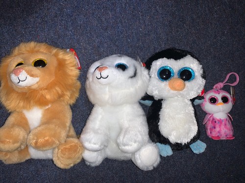 TY Beanie Boo Plush- White Tiger, Lion And Penguin Bundle- New With Tags