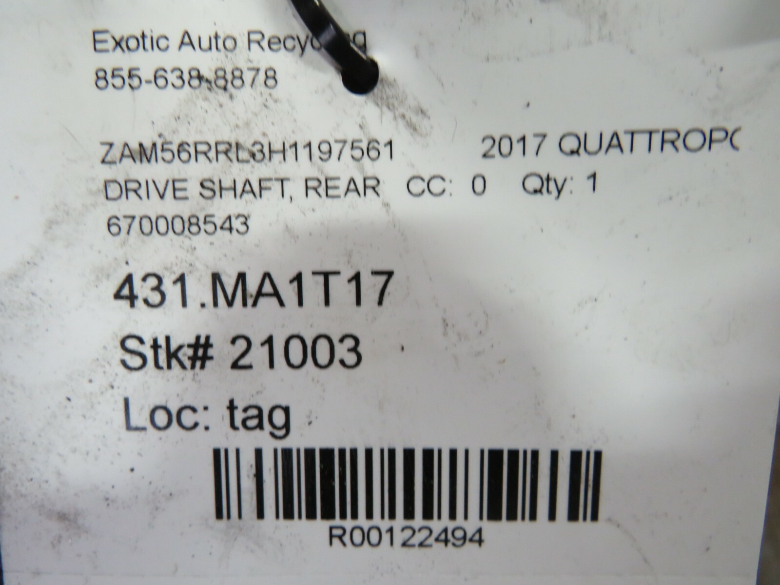 Maserati Quattroporte, Rear Drive Shaft, Used, P/N 670008543