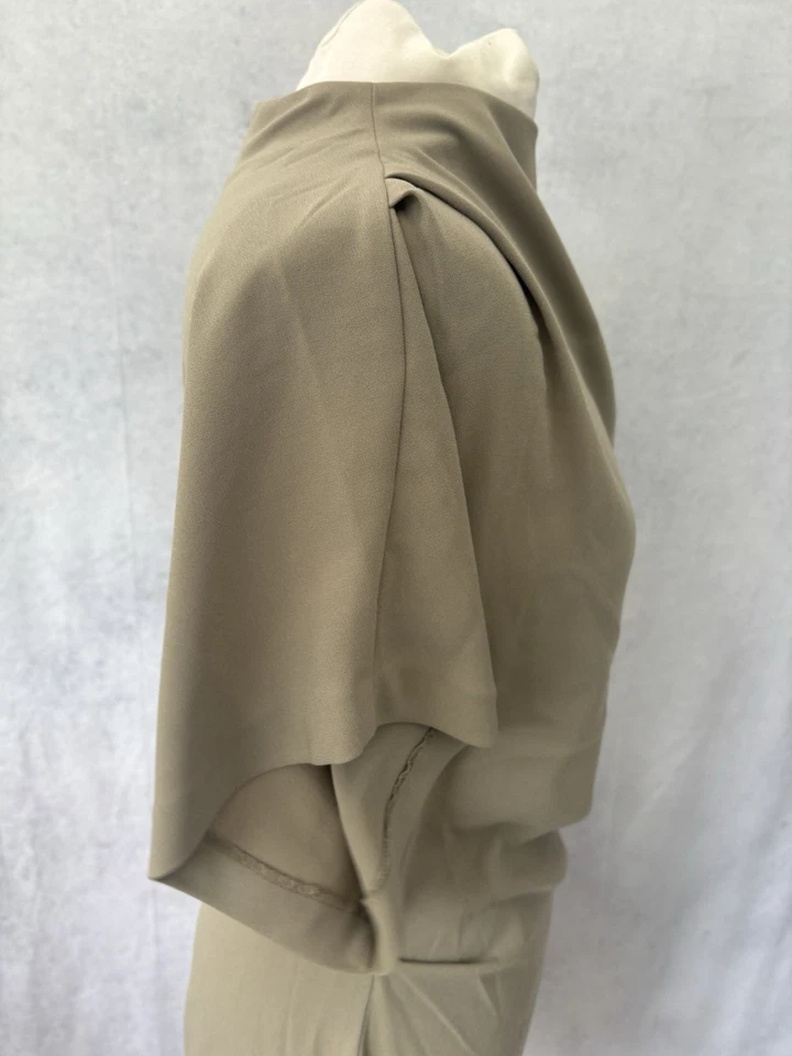 H&M Olive Green Crepe Dress Size M Short Sleeve Ruched Sides Knee Length - Image 2 of 4