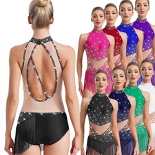 Women Bodysuit Rhinestones Costume Samba Tango Dancewear Skating Sleeveless