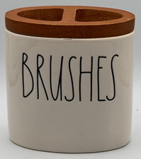 Rae Dunn Ceramic "Brushes" Toothbrush Makeup Brush Holder Wood Rim