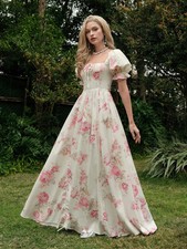 Floral Print Puff Sleeve Maxi Dress with Drawstring Waist and Ruffles