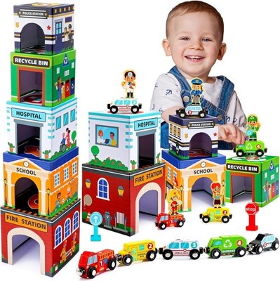 Baby Stacking Toys for Toddlers Wooden Magnetic Cars and Garage Learning