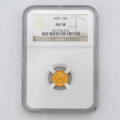 1853 $1 TYPE 1 LIBERTY HEAD US MINT 90% GOLD COLLECTIBLE COIN NGC CERTIFIED AU58