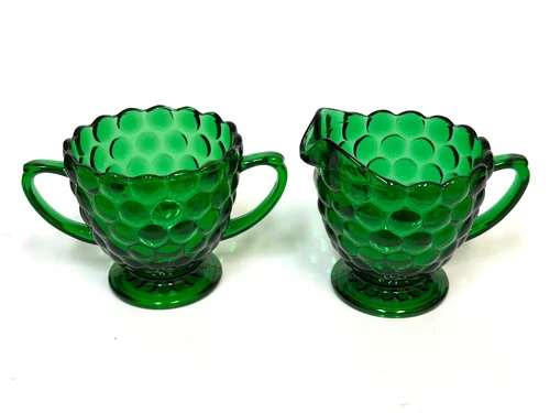 Anchor Hocking Forest Green Bubble Glass Creamer & Sugar Bowl Set