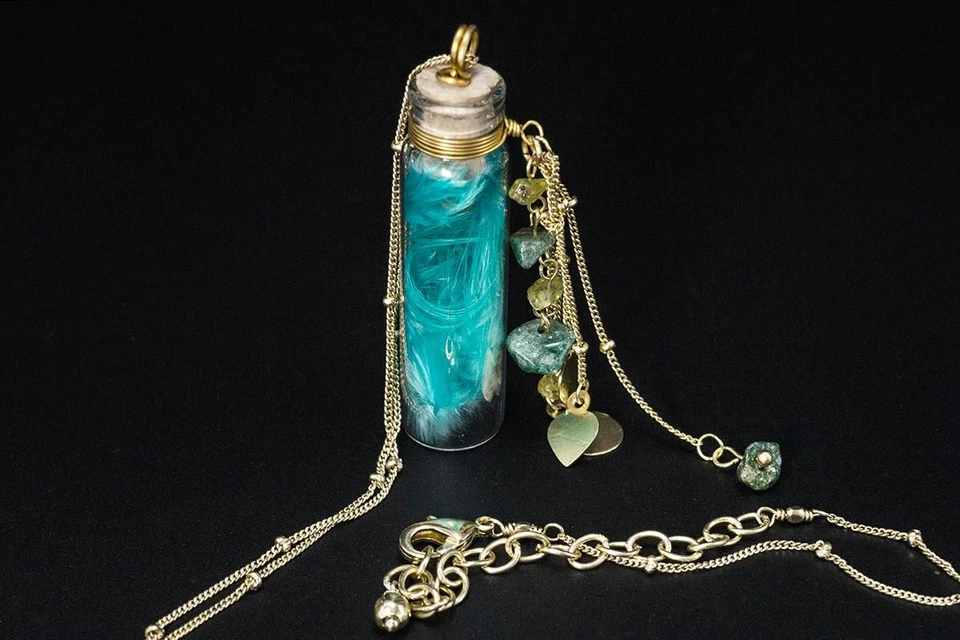 Halskette Glasfläschchen türkis 61+7cm - Messing Aventurin Peridot Kette - Bild 2 von 2