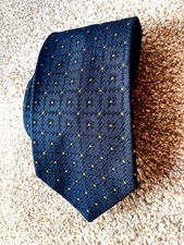 Nice Mens House of Bijan Beverly Hills Neck Tie Dark Blue Gold Dots France Silk