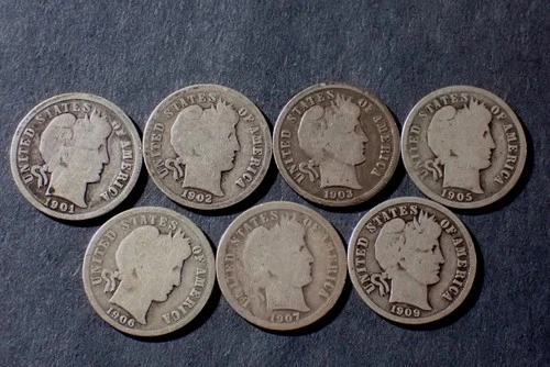 LOT OF 7 SILVER BARBER DIMES 1901O 02O 03O 05O 06O 07O 09O GOOD COND SET RGR 523