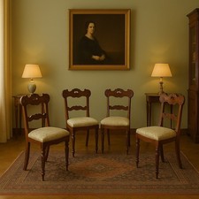 4 Sedute Antiche Mogano Intagliato Tessuto Italia XIX Secolo Originali