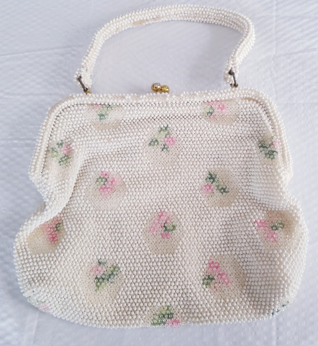 Vintage 1950s white cream hand beaded pink green flowers