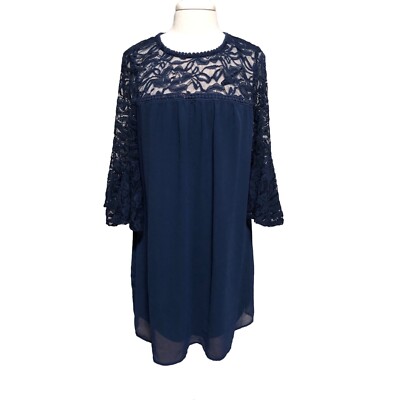 Luxology navy lined dress with lace 3/4 bell sleeves L | eBay