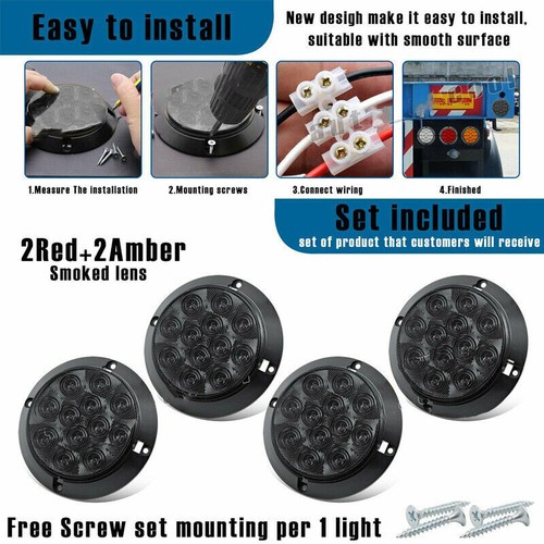 2 Amber & 2 Red Brake Turn Rear Tail Light 4" Round 12 LED 12V Tow Truck Caravan - Picture 4 of 9