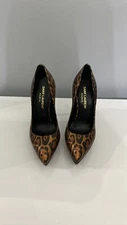 YSL Saint Laurent JANIS 105 Double Leopard Cat Lame Platform Pumps Shoe 34