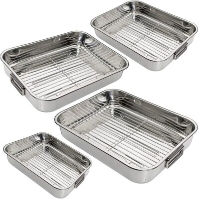 4 Stück Edelstahl Bräter mit abnehmbarem Grillrost & klappbaren Griffen
