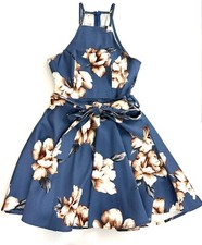 Privy Women’s Sz S Navy Beige Floral Print Fit and Flare Mini Dress High Neck