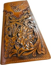 Western Stakes Leather Long Wallet Floral Embossed Deer Buck Tooled Bi Fold