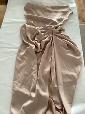 Pretty Little Thing Champagne Satin off the Shoulder Draped Skirt Midi Dress 10