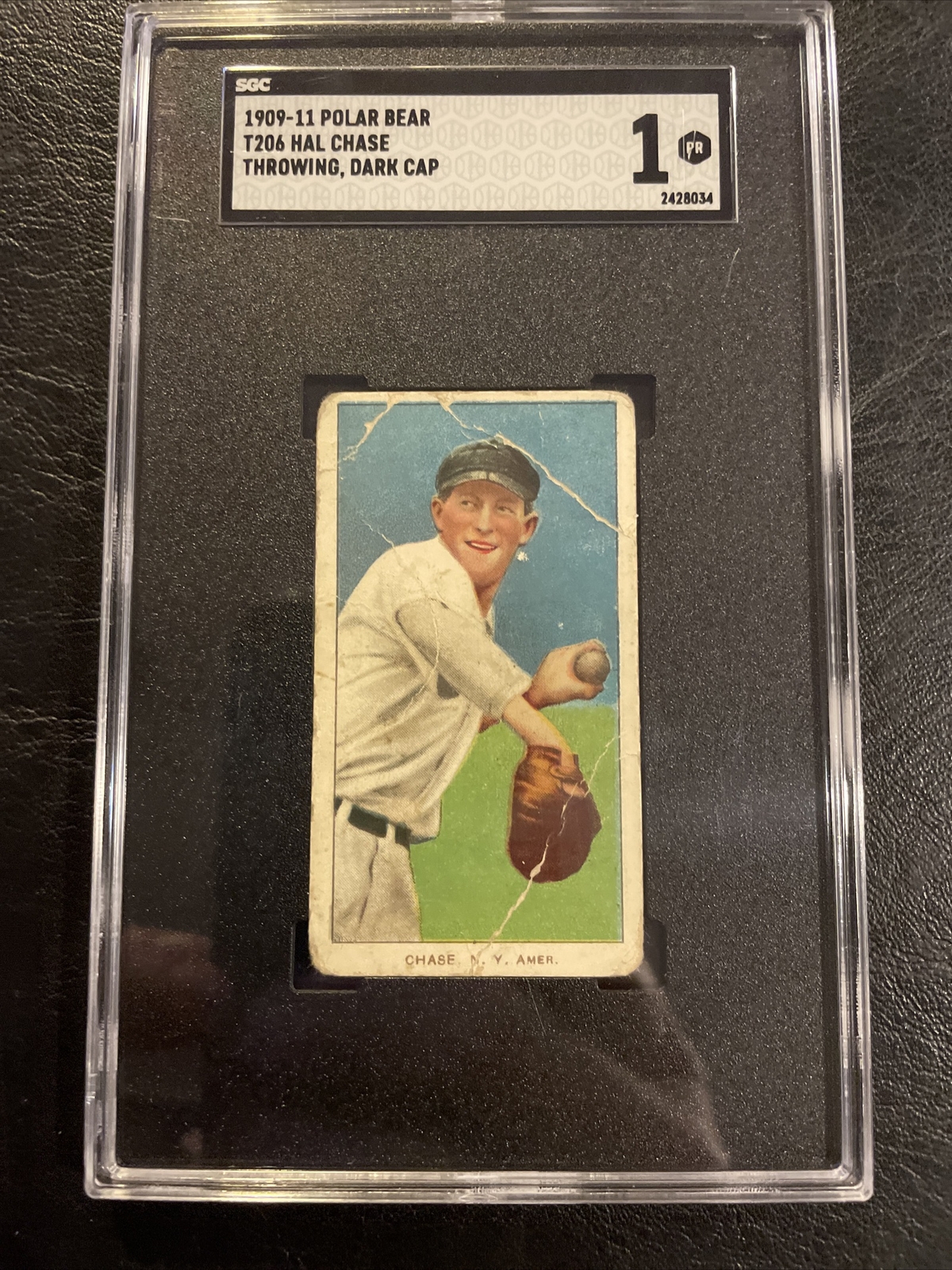 1909-11 T206 Hal Chase Throwing, Dark Cap NY Polar Bear Cigarettes SGC 1 Yankees