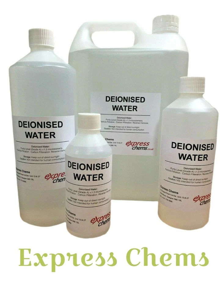 EXPRESS CHEMS Deionised /Demineralised Water Lab Highest Grade Purity Level 100ml -100L Litres