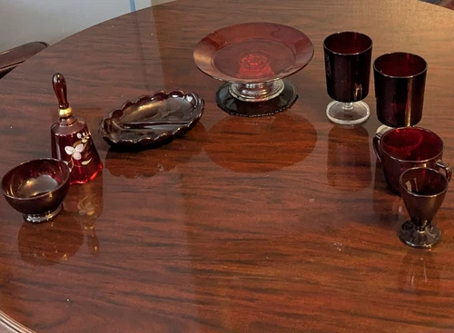 Vintage Royal Ruby Red Glass Candy Dish Bell Glasses Anchor Hocking Fenton Lot