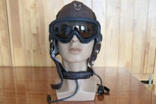 Original 1970'S Fighter Pilot Leather Flying Helmet,Throat Mic,Brown Goggles