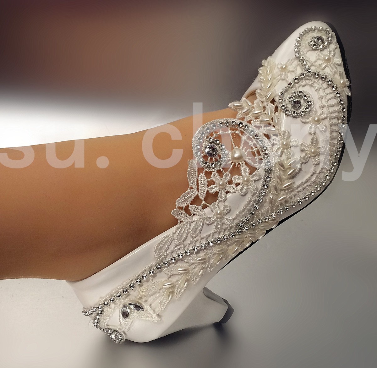 Lace white light ivory rhinestone heels pump Wedding