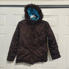 Rothschild Brown Turquoise Puff Quilted Coat Removable Faux Fur Hood Girls Sz 14